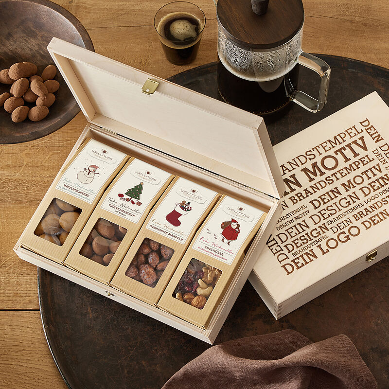 4 Premium Snacks in der Birkenholzbox - Weihnachts-Edition